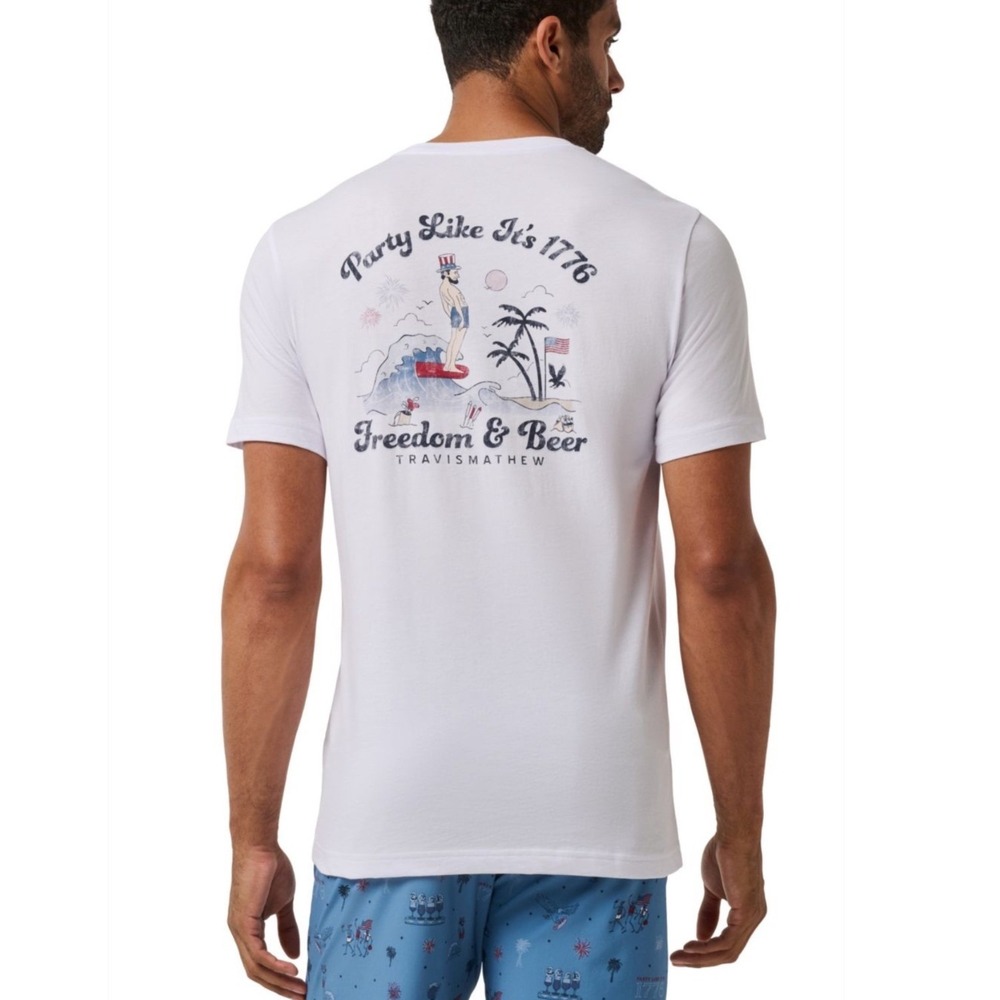 TravisMathew Beach Bash Tee White Party Like Its 1776 Freedom Beer Shirt 2XL NEW